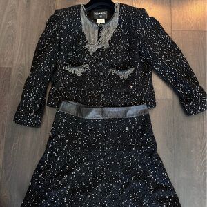 CHANEL 2002 Fall 02A Black Wool Sequin Chain Embellished Jacket Skirt Set 42